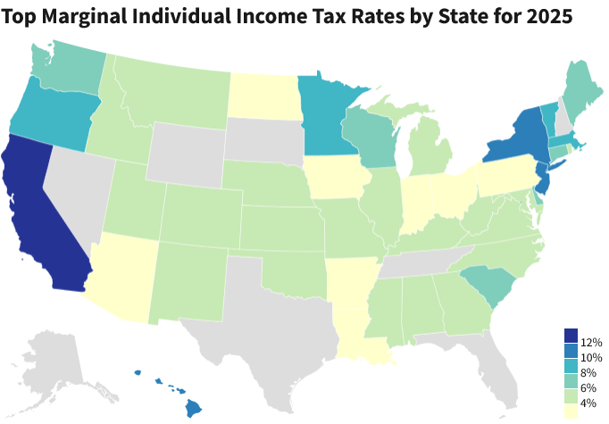 Top Marginal Individual Income Tax Rates by State for 2025