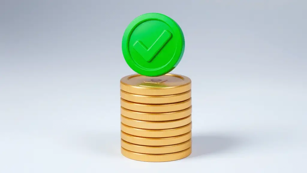 A stack of coins with a verified check mark above it